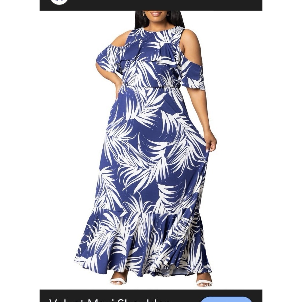 Kiyonna Piper‎ Cold Shoulder Dress in a Navy Palms print 1X
